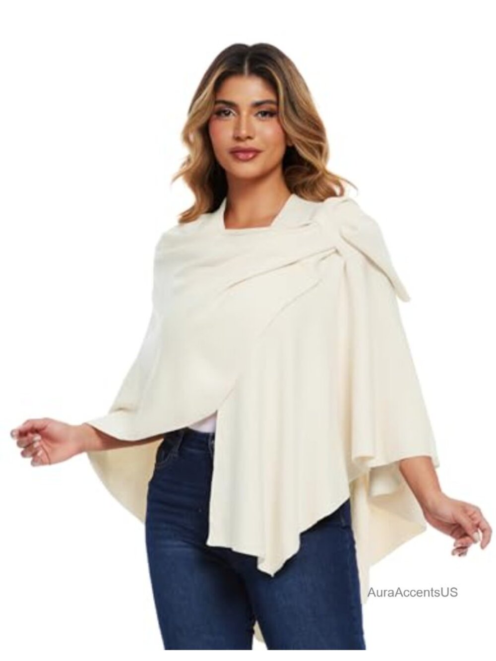 Women's Open Front Poncho Shawl Wrap Sweater Soft Double Knit